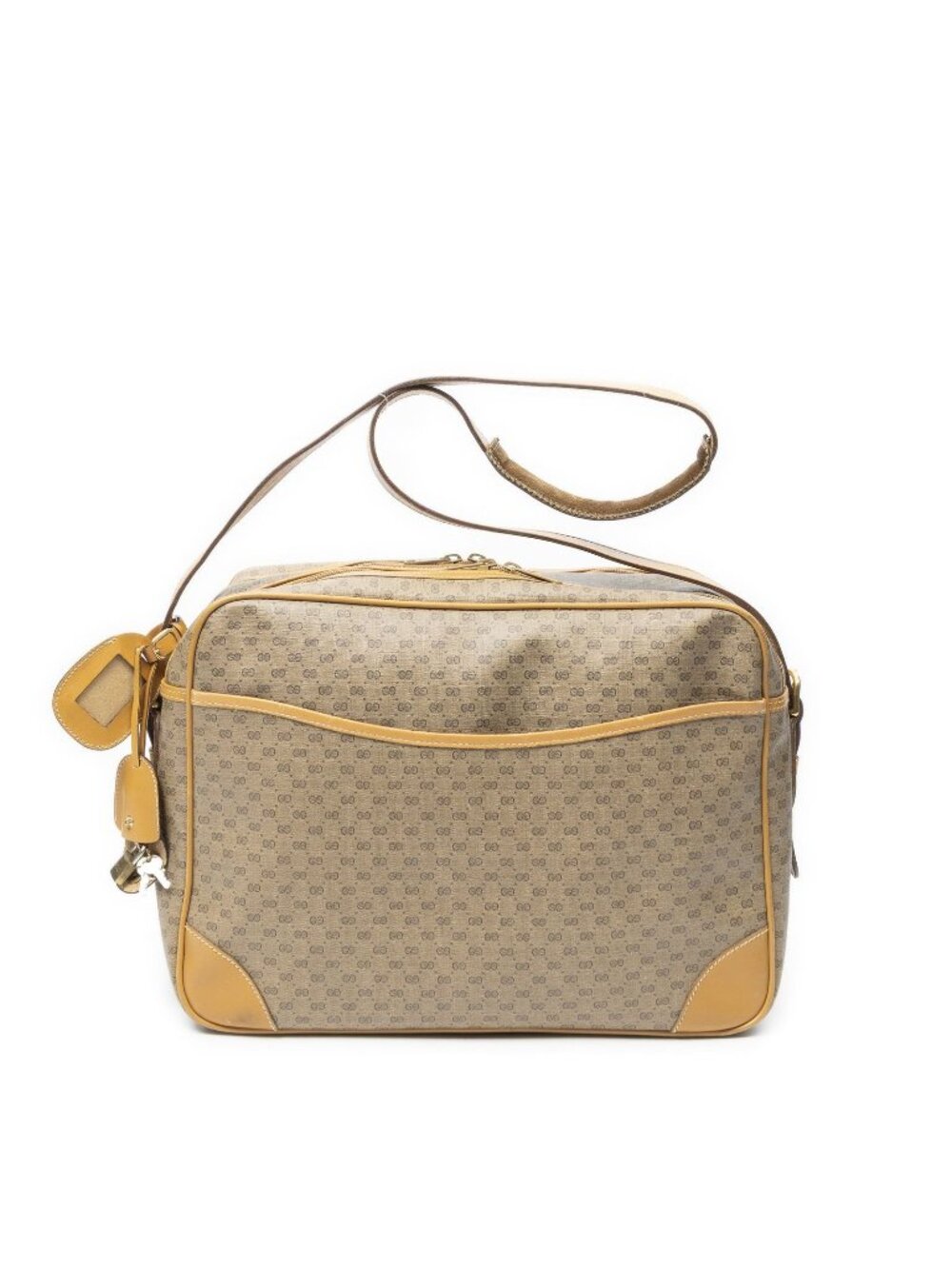 Gucci Vintage Flap Bag Messenger Tan Black Canvas